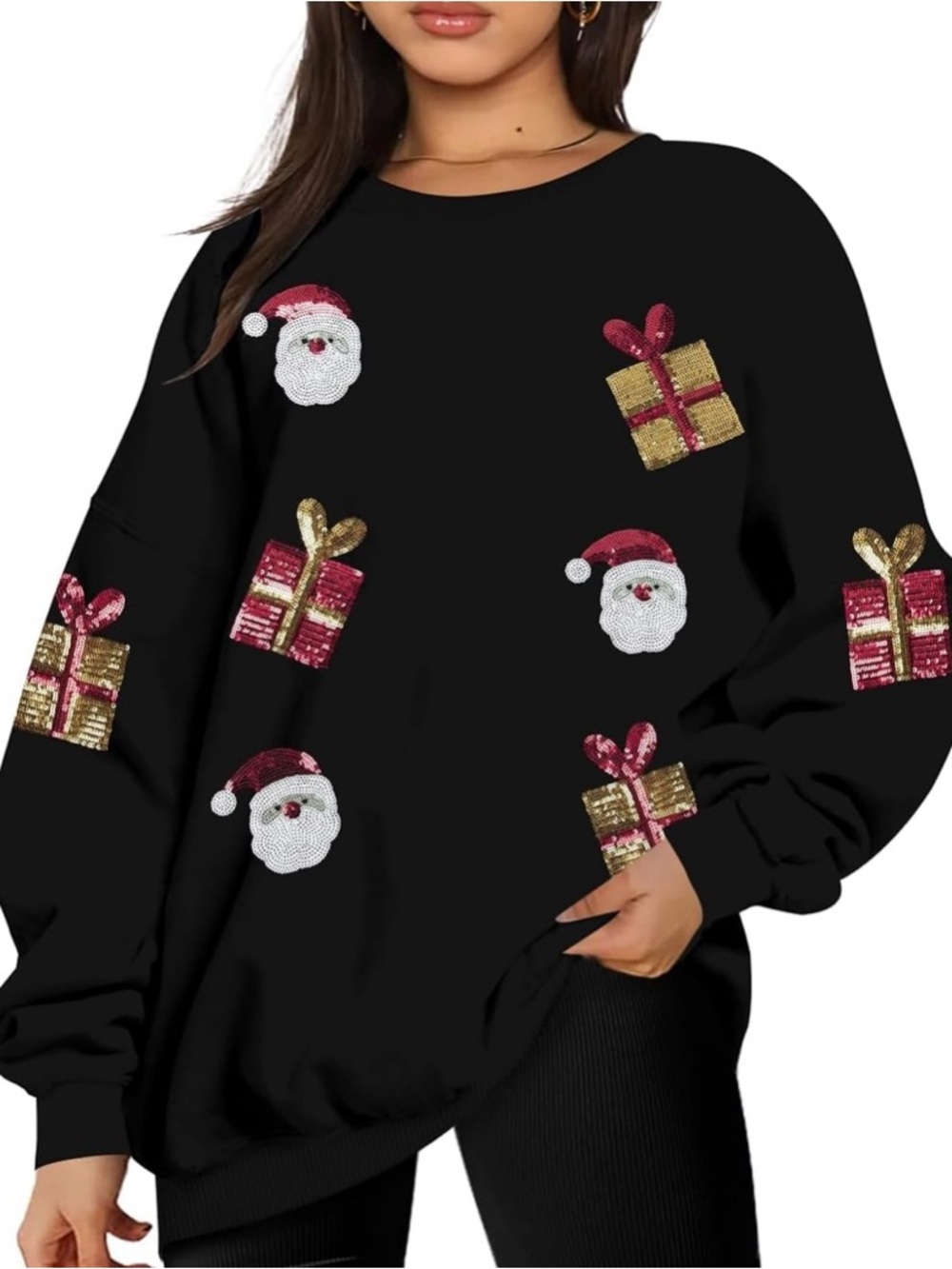 Sequin Santa & Gift Black Holiday Sweatshirt - Women